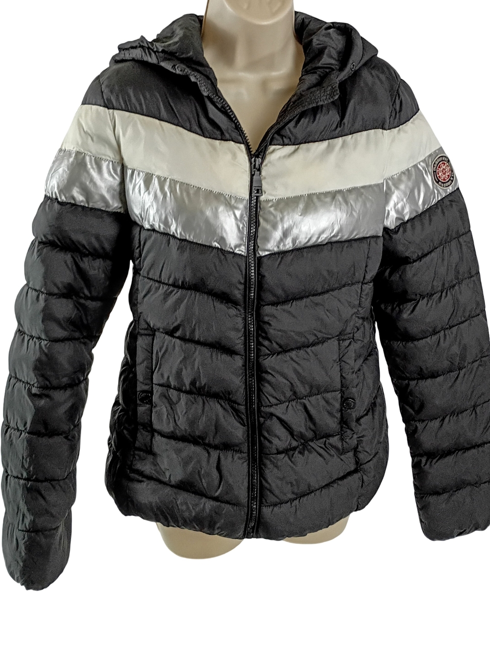 Women's Black Quilted Puffer Jacket with Silver & White Stripe